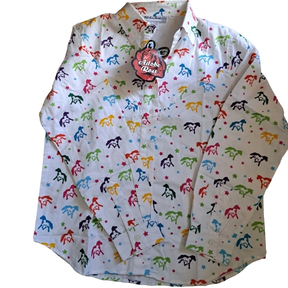 ADOBE ROSE colorful horses equestrian western ranch cotton shirt coastal medium